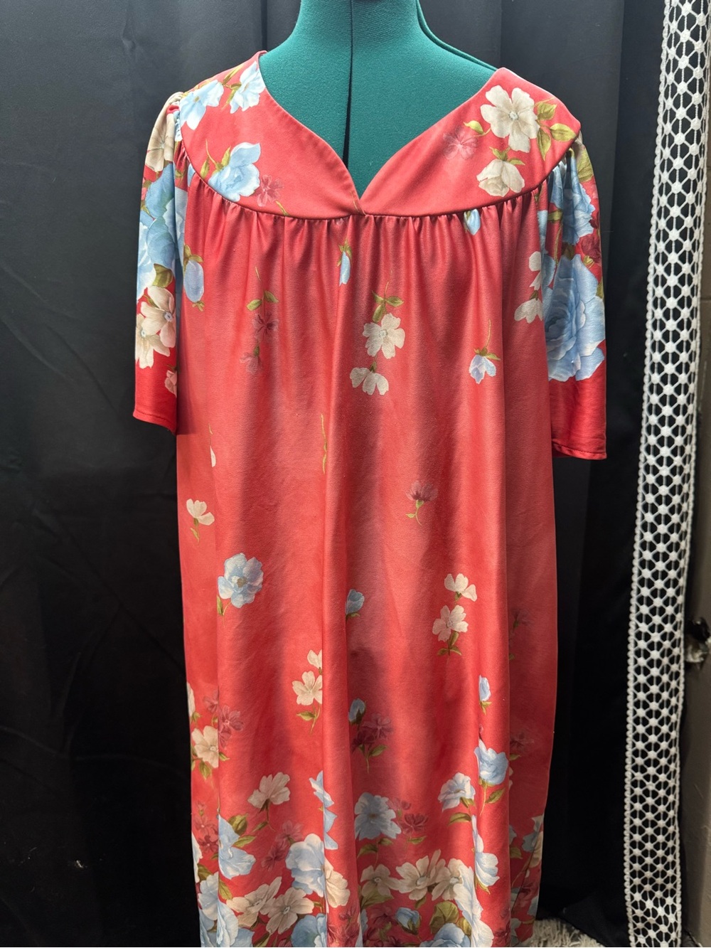 Anthony Richards Coral-Red Floral Satin Nightgown with Blue & White Blooms